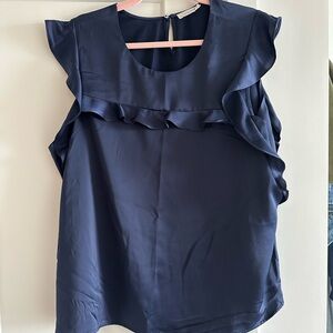 Outerknown Navy Ruffle Silk Top